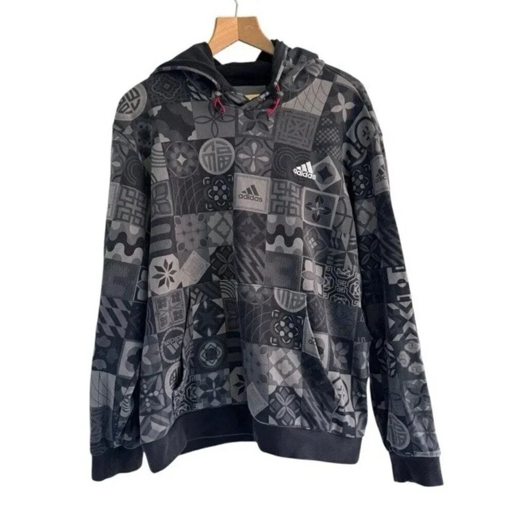 Adidas Men's Sz L CNY Chinese New Year All Over Print Black & Gray Hoodie
